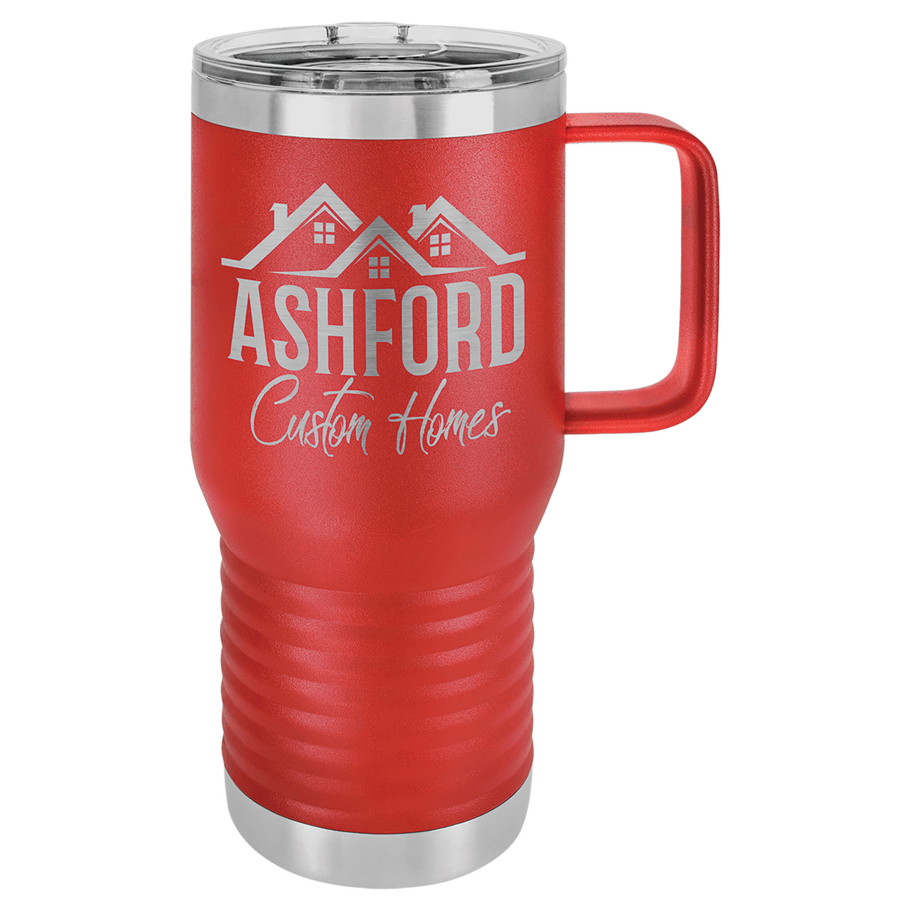 Red 20 oz vacuum insulated travel mug with slider lid and carry handle