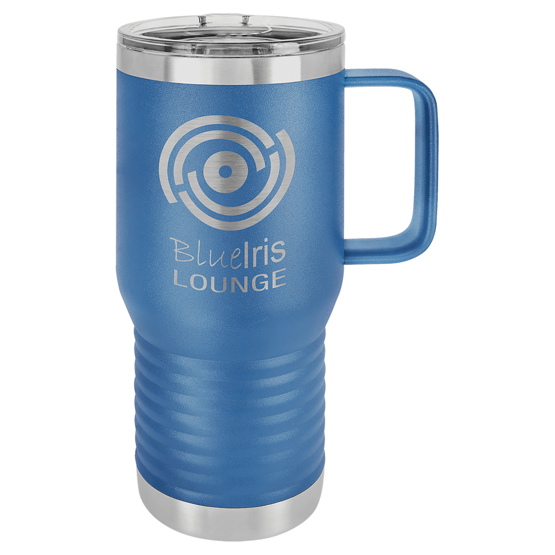 Blue 20 oz vacuum insulated travel mug with slider lid and carry handle