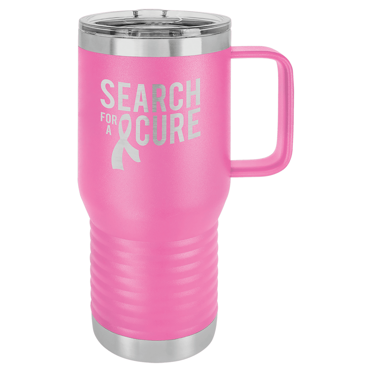 Pink 20 oz vacuum insulated travel mug with slider lid and carry handle