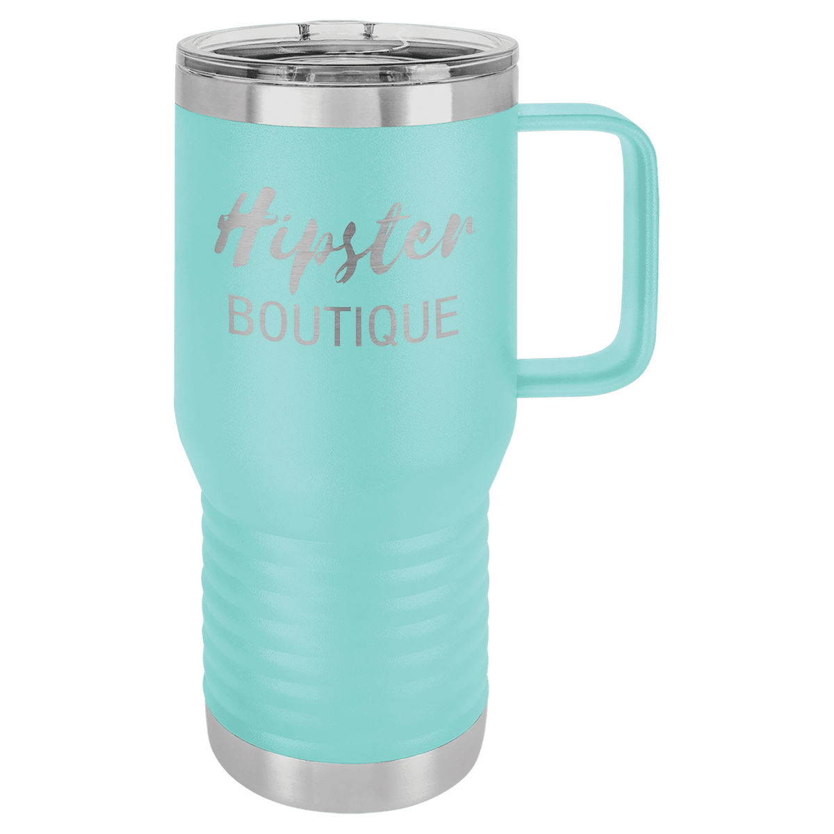 Light teal 20 oz vacuum insulated travel mug with slider lid and carry handle