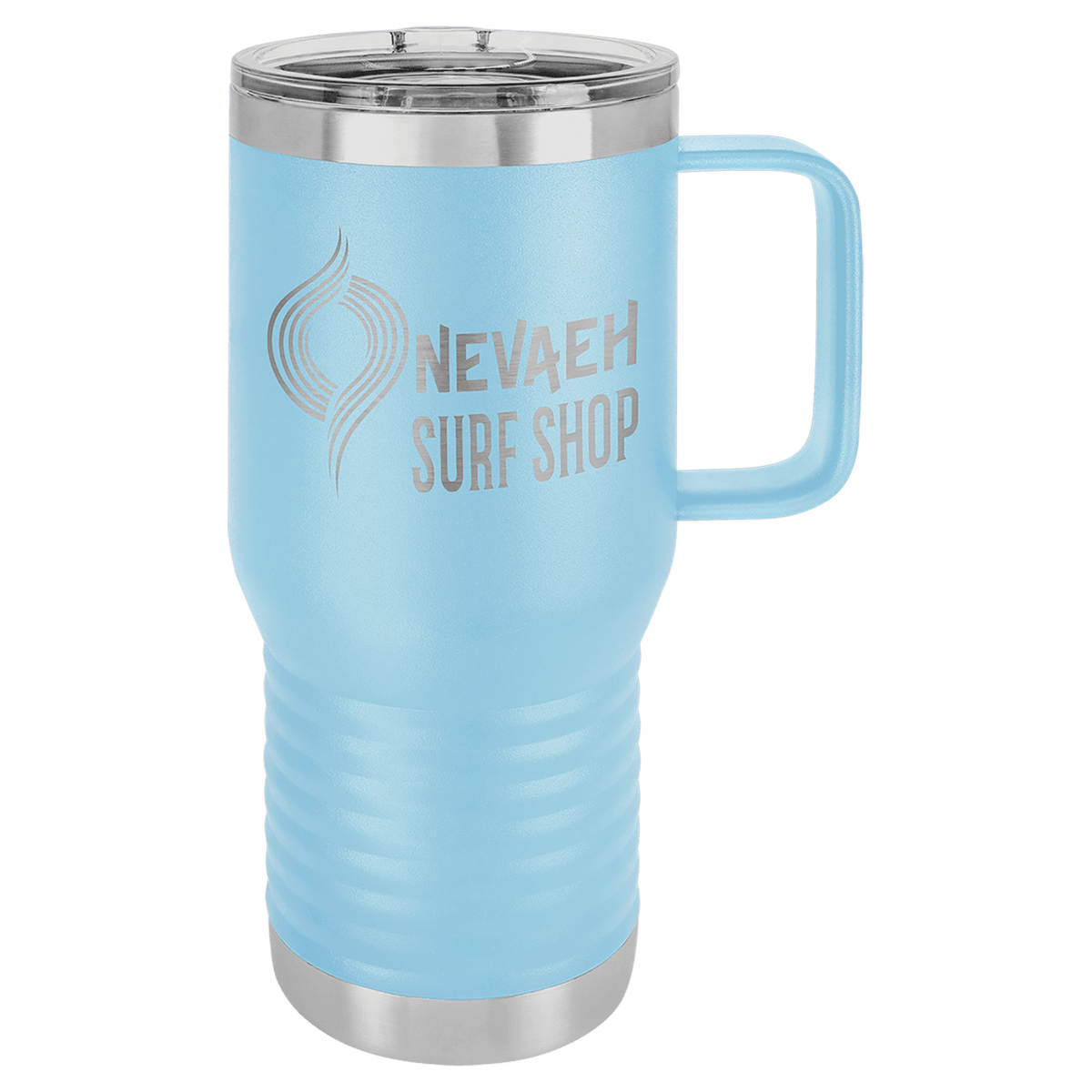 Light blue 20 oz vacuum insulated travel mug with slider lid and carry handle