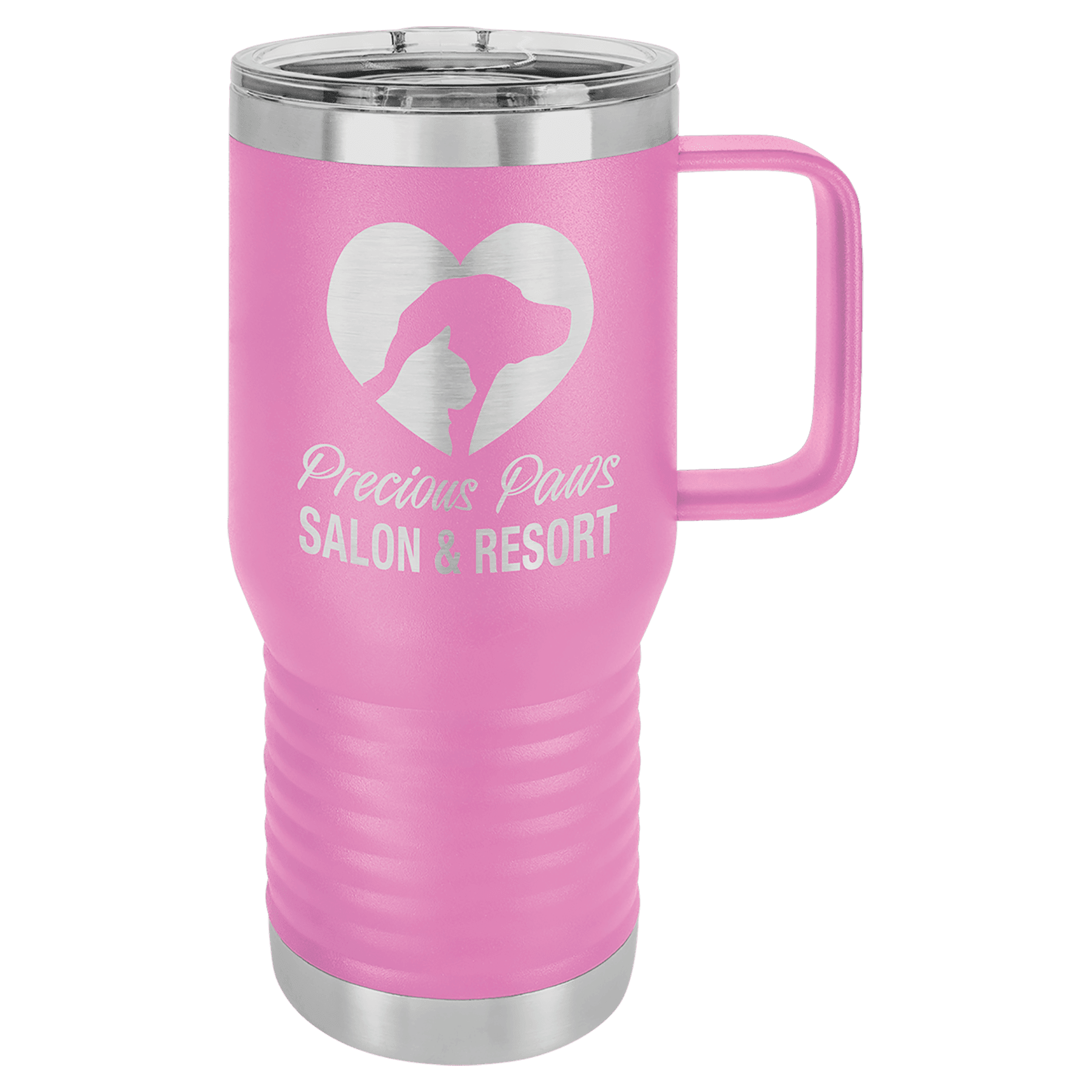 Magenta 20 oz vacuum insulated travel mug with slider lid and carry handle