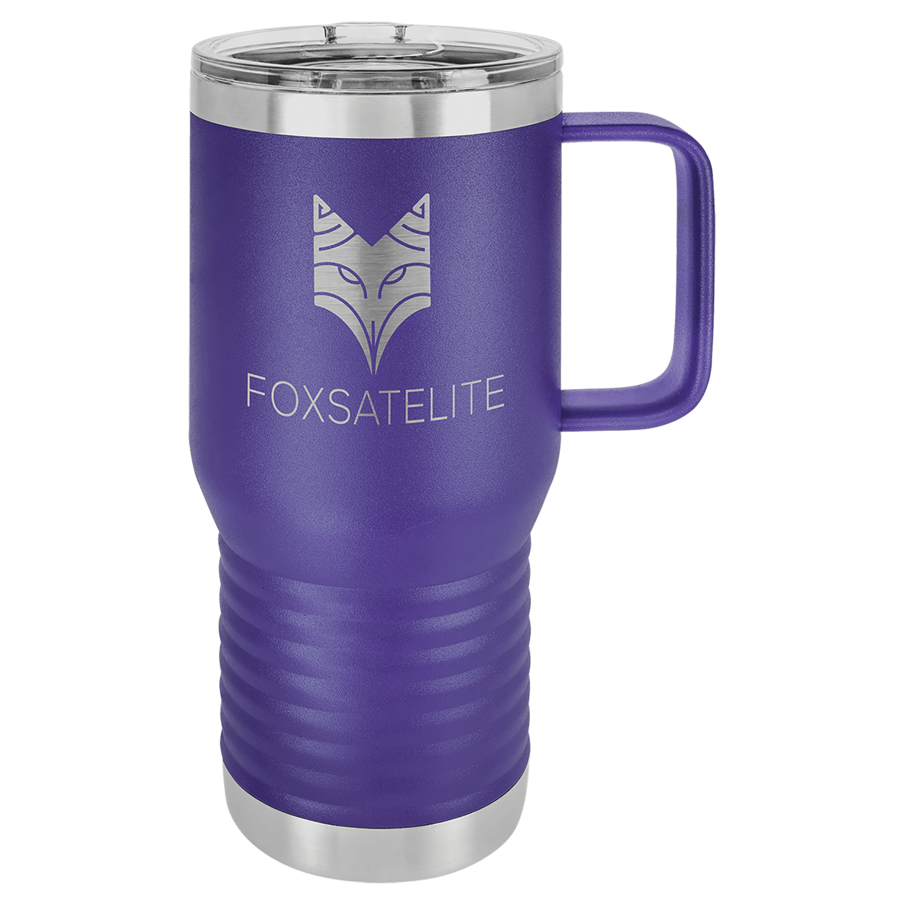 Purple 20 oz vacuum insulated travel mug with slider lid and carry handle