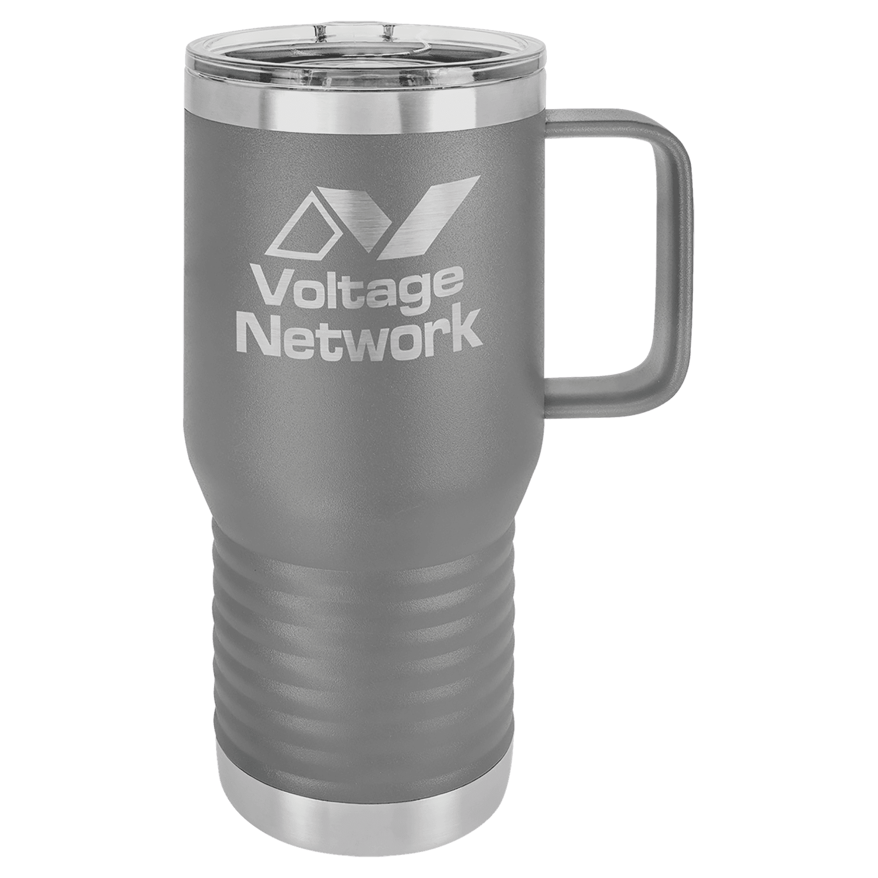 Dark gray 20 oz vacuum insulated travel mug with slider lid and carry handle