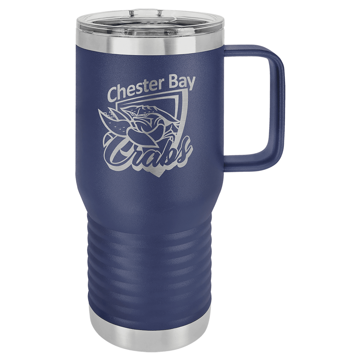 20 oz travel mug with slider lid, navy blue with printed crest