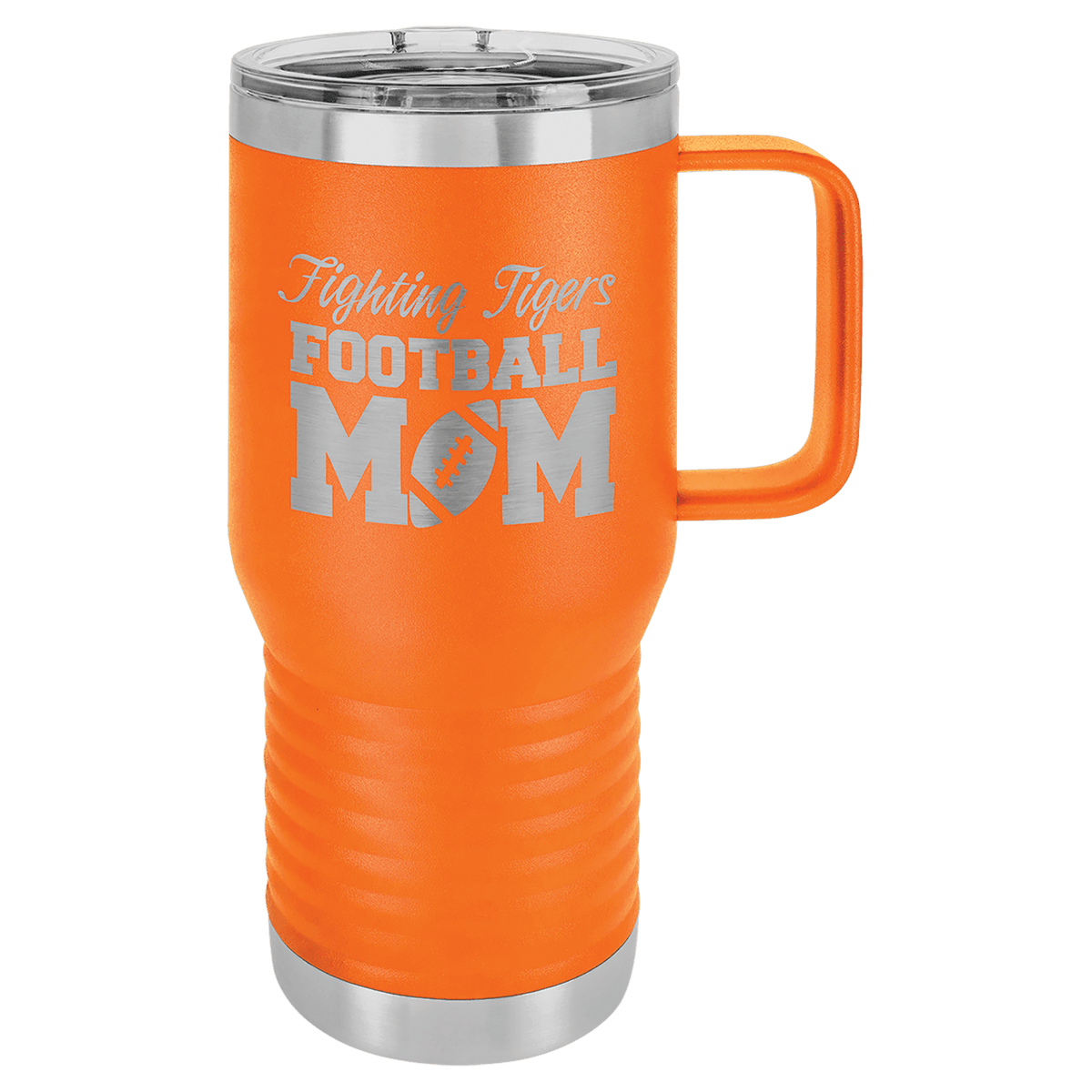 20 oz travel mug with slider lid, orange with printed football text
