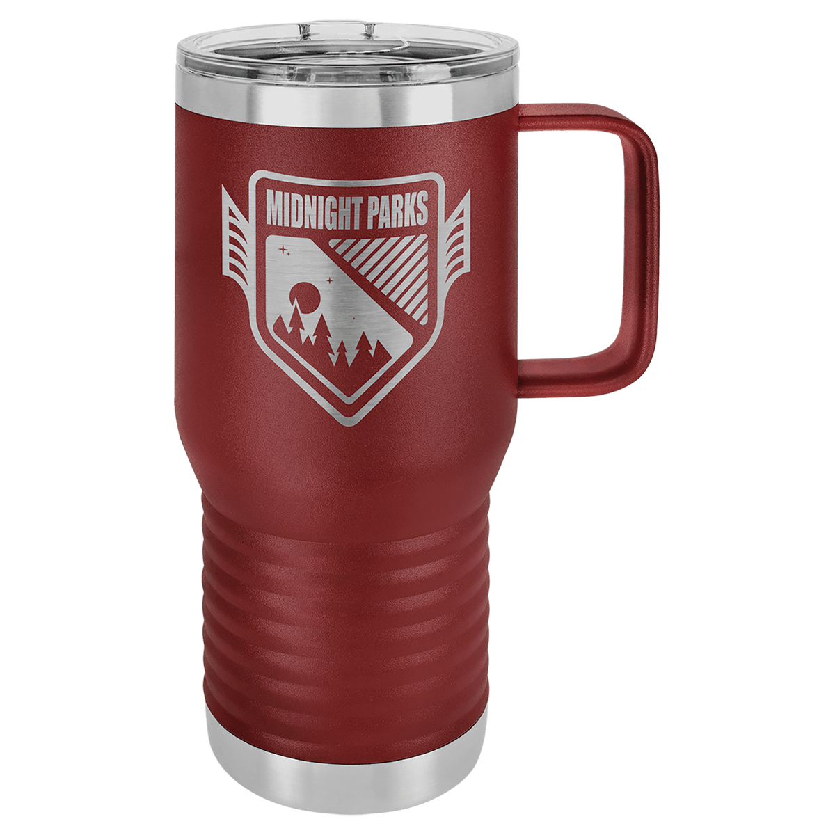20 oz travel mug with slider lid, burgundy with printed mountain logo