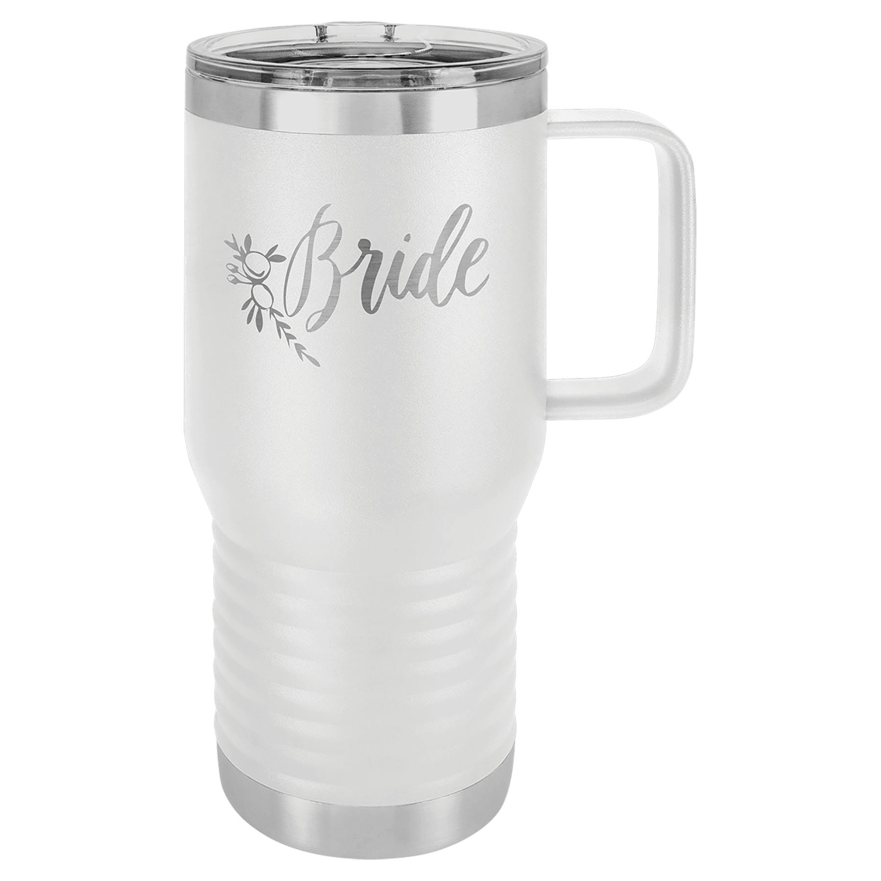 20 oz travel mug with slider lid, white with Pride script design