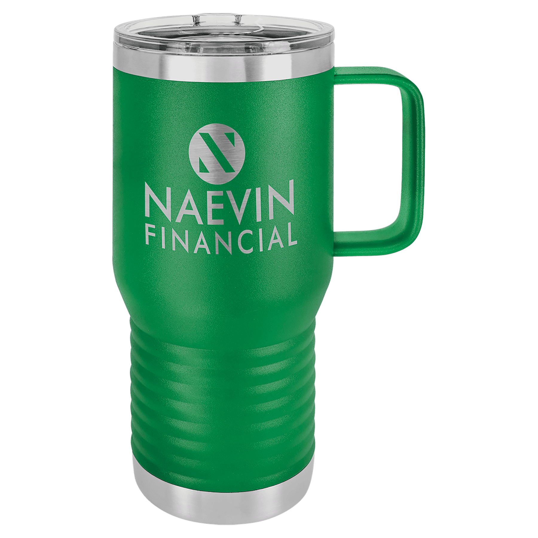 20 oz travel mug with slider lid, green with circular logo