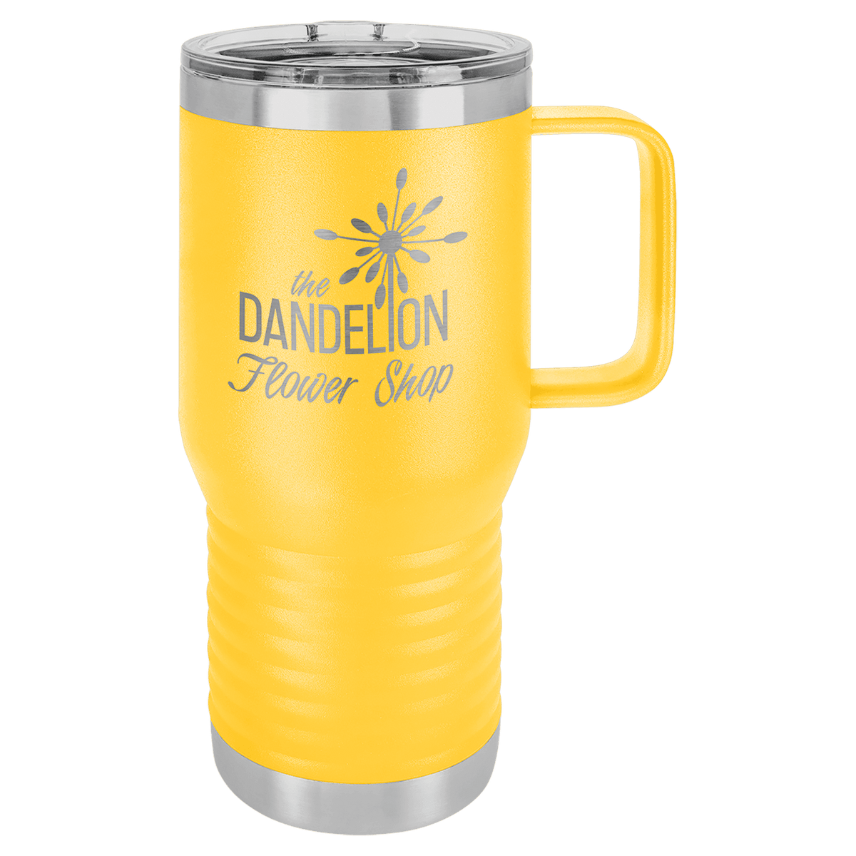 20 oz travel mug with slider lid, yellow with dandelion flower graphic