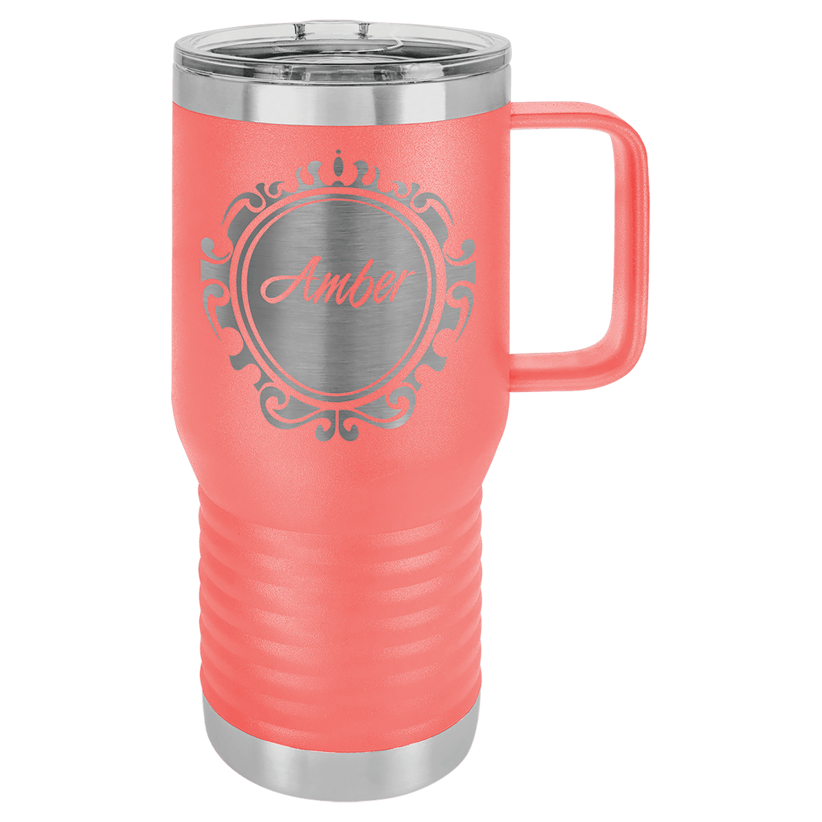 20 oz travel mug with slider lid, coral pink with oval emblem