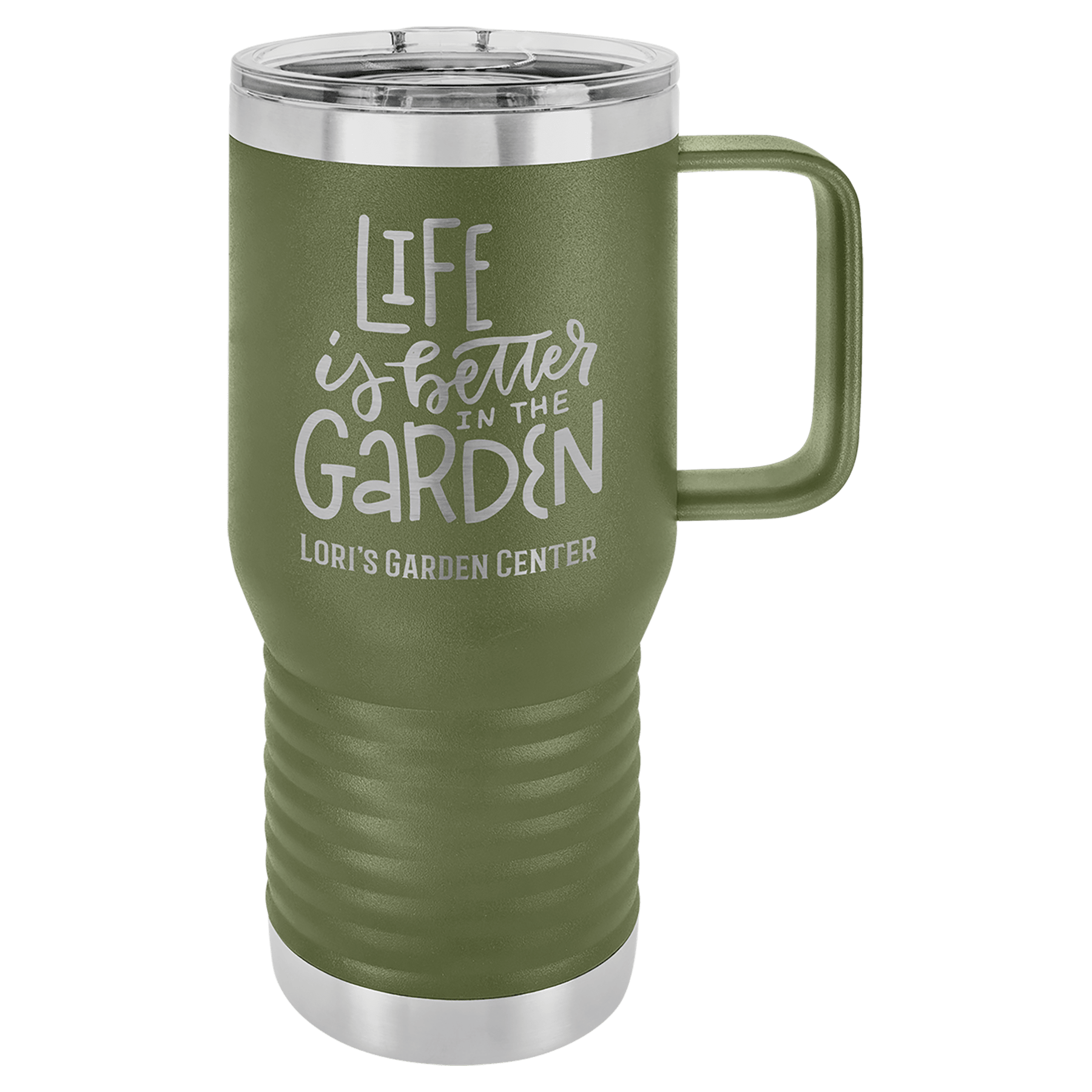 20 oz travel mug with slider lid, olive green with Life is Better design