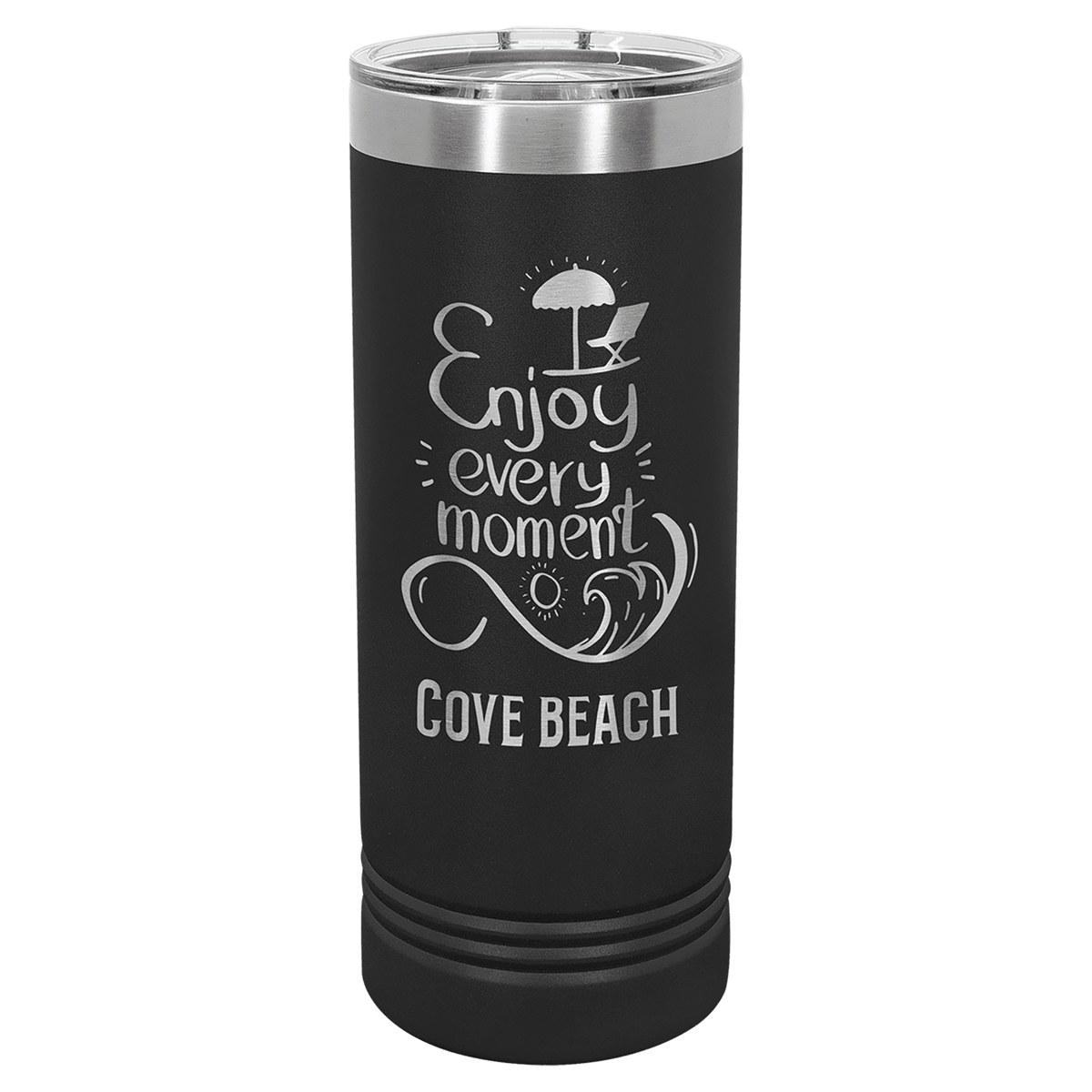 22 oz skinny tumbler with slider lid, black with “Enjoy every moment” beach graphic