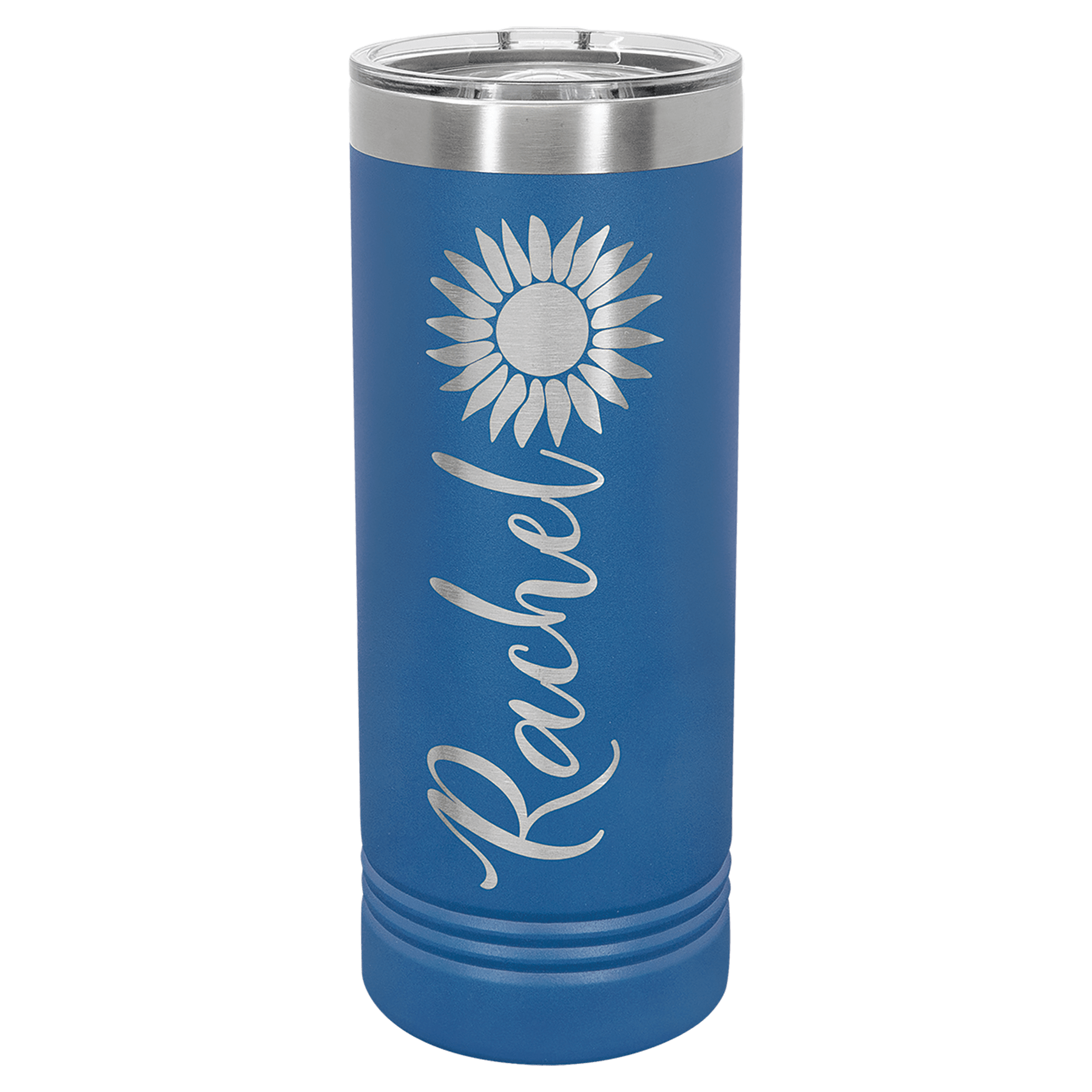 22 oz skinny tumbler with slider lid, royal blue with sunburst and “Paradise” style text