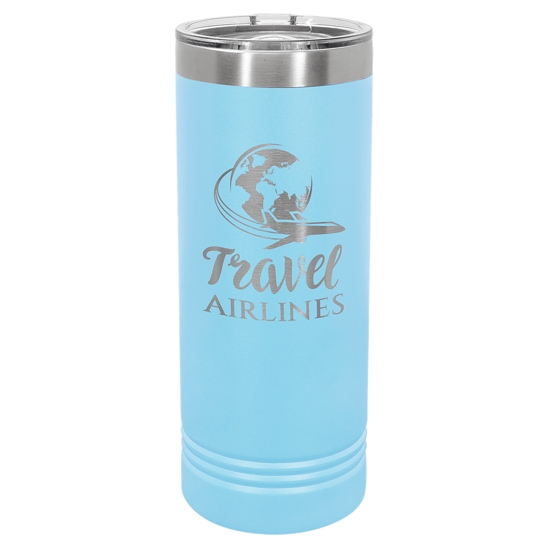 22 oz skinny tumbler with slider lid, light blue with “Travel Airlines” globe graphic
