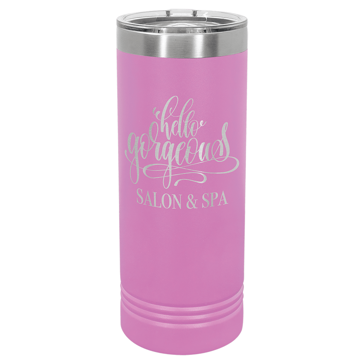 22 oz skinny tumbler with slider lid, purple with “Hello Gorgeous” salon spa text