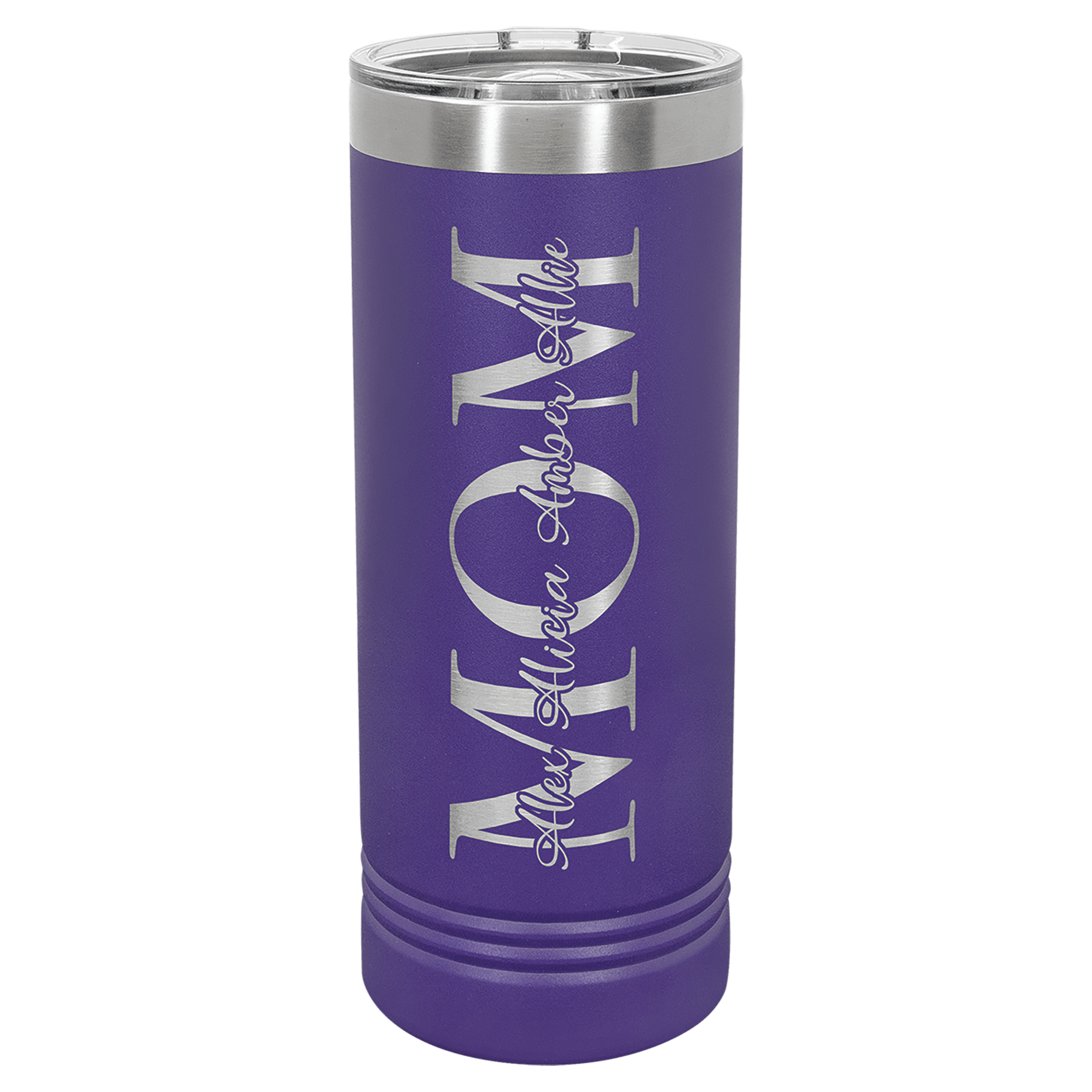 22 oz skinny tumbler with slider lid, dark purple with vertical “Island Thrift” lettering