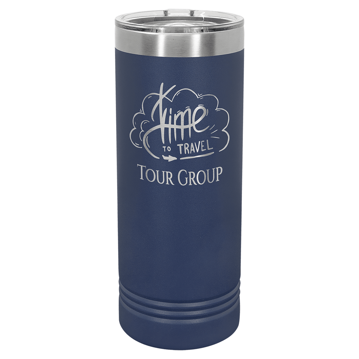 Navy skinny insulated tumbler with stainless rim and slider lid, travel “Tour Group” design