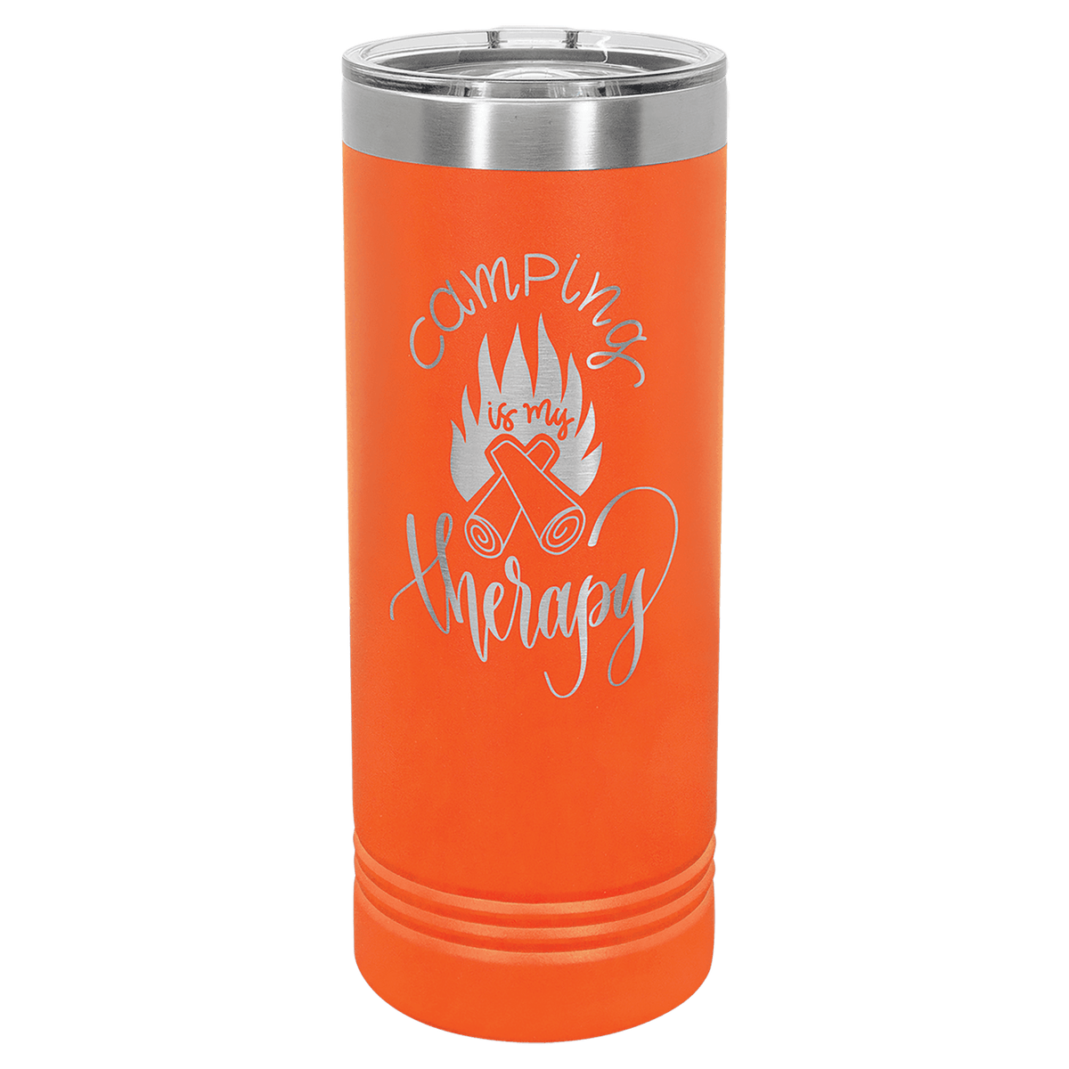 Orange skinny insulated tumbler with stainless rim and slider lid, “Camp in My…” graphic