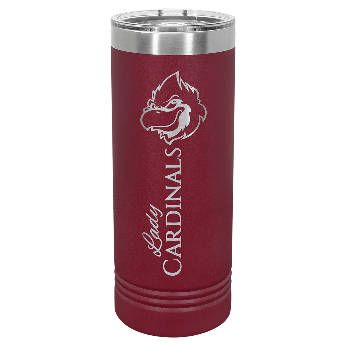 Maroon skinny insulated tumbler with stainless rim and slider lid, “Cardinals” team logo