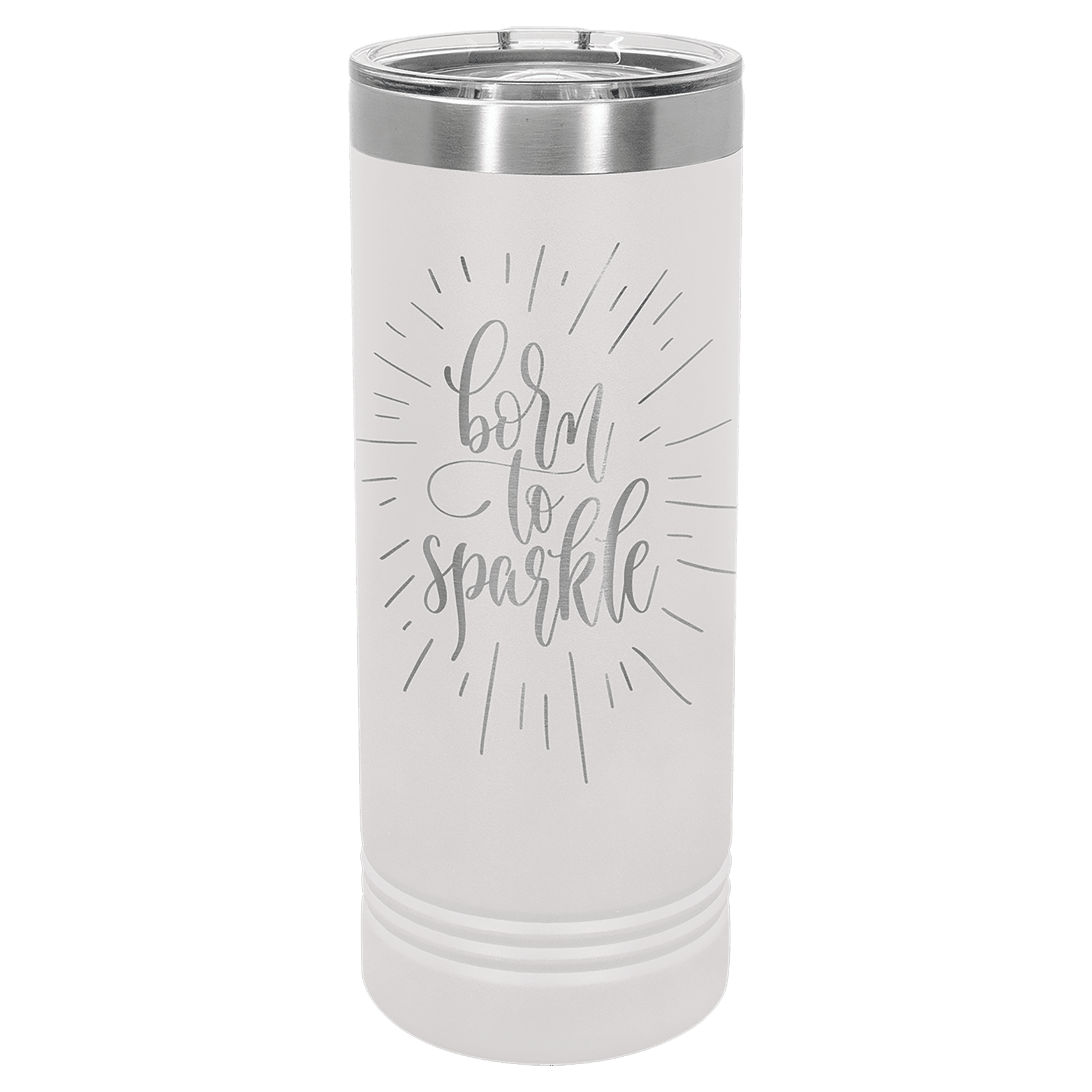 White skinny insulated tumbler with stainless rim and slider lid, “best sparkle” lettering