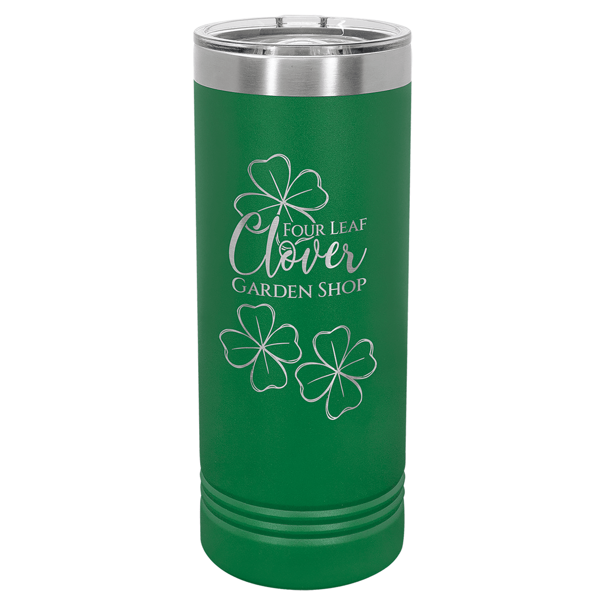 Green skinny insulated tumbler with stainless rim and slider lid, “Garden Shop” clover design