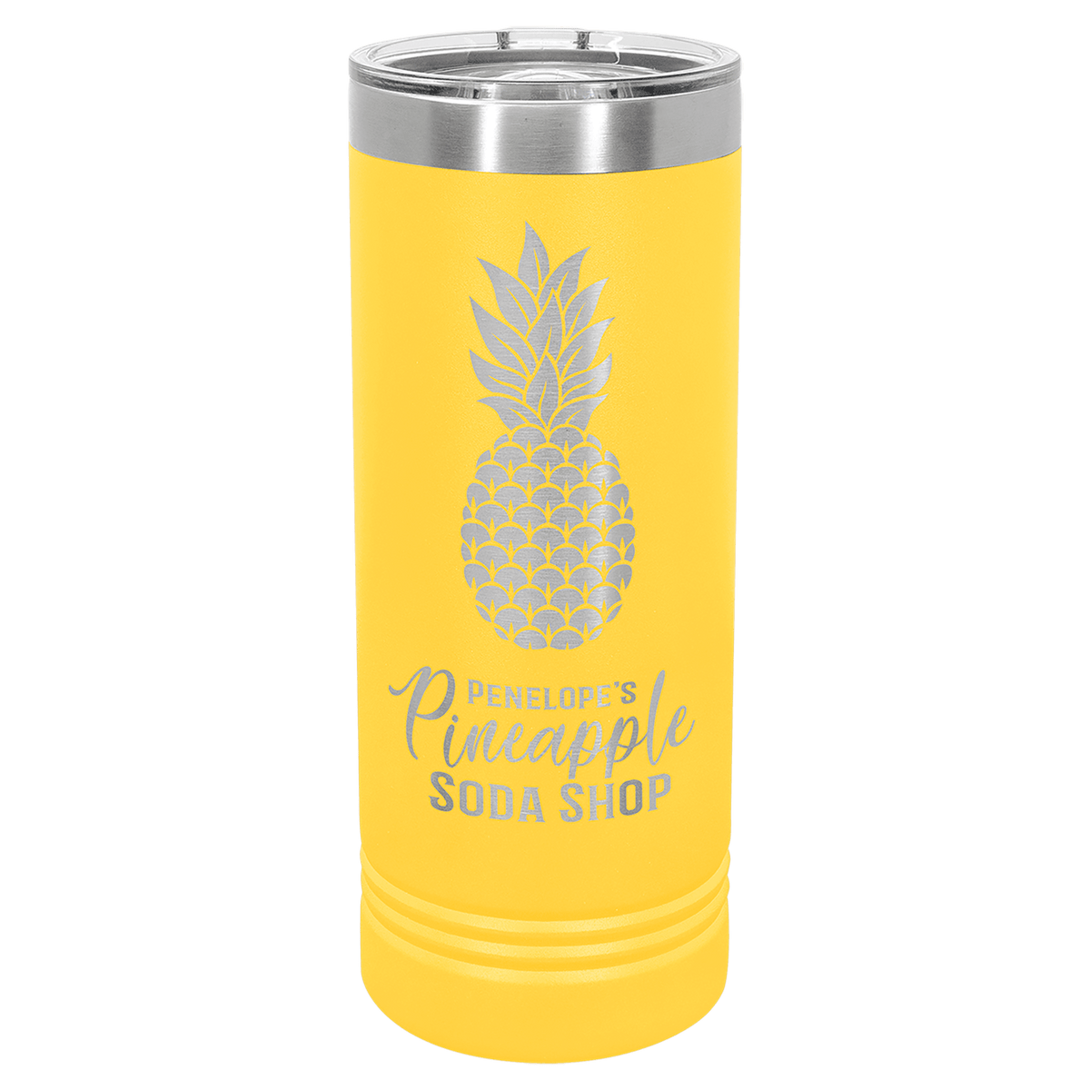 Yellow skinny insulated tumbler with stainless rim and slider lid, pineapple “Penelope’s…” print