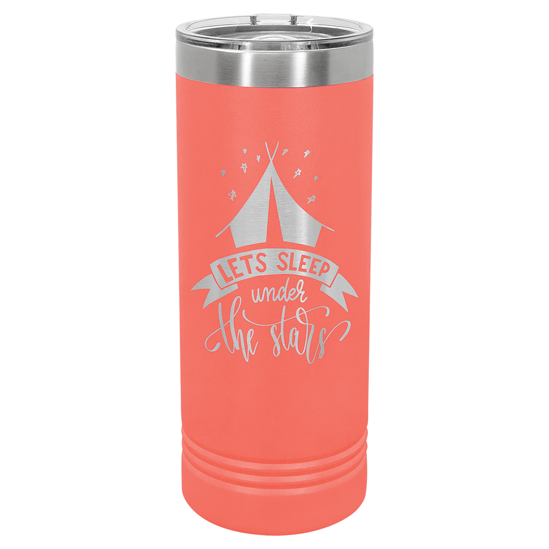 Coral pink skinny insulated tumbler with stainless rim and slider lid, “Lets sleep under stars”