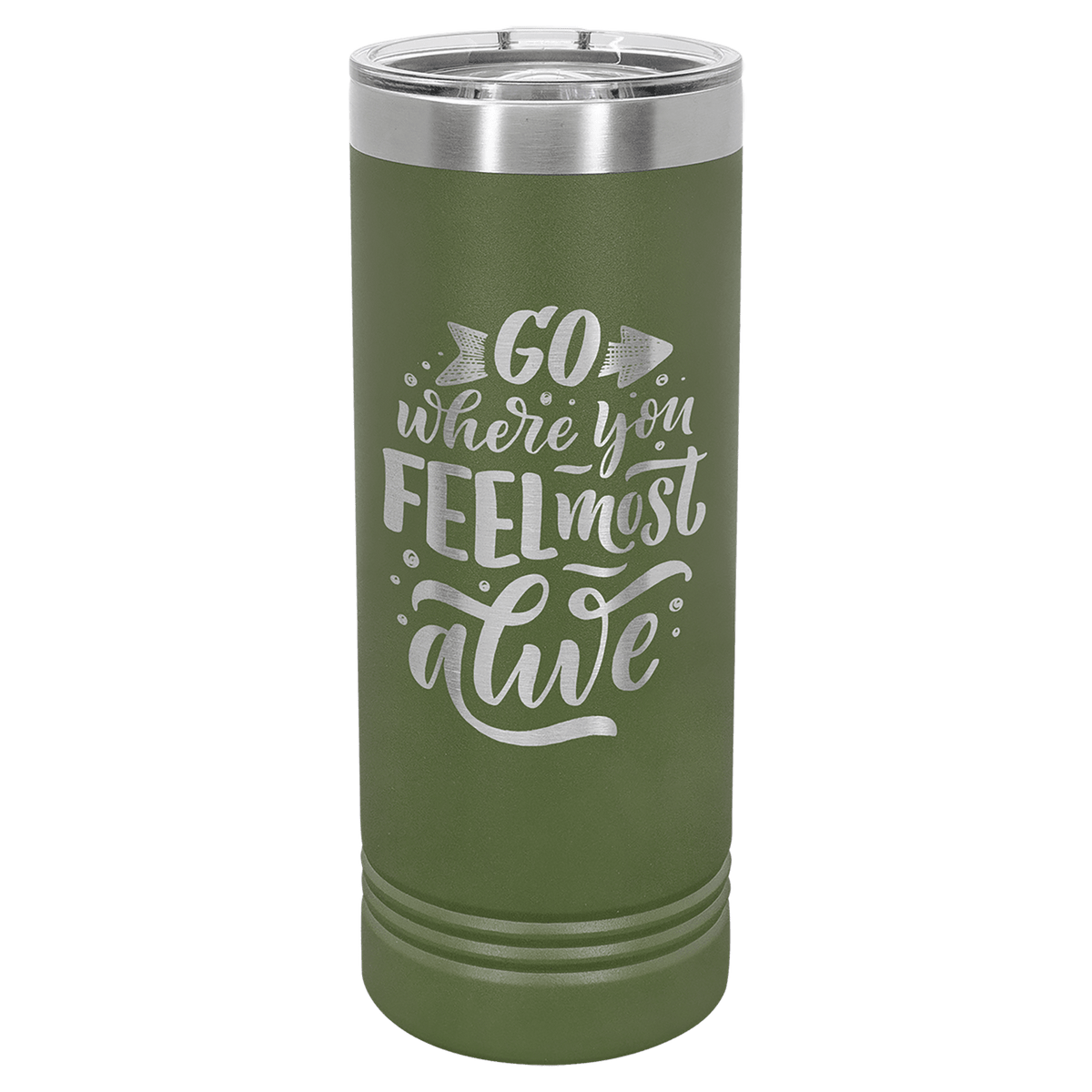 Olive green skinny insulated tumbler with stainless rim and slider lid, “Go where you feel most…”