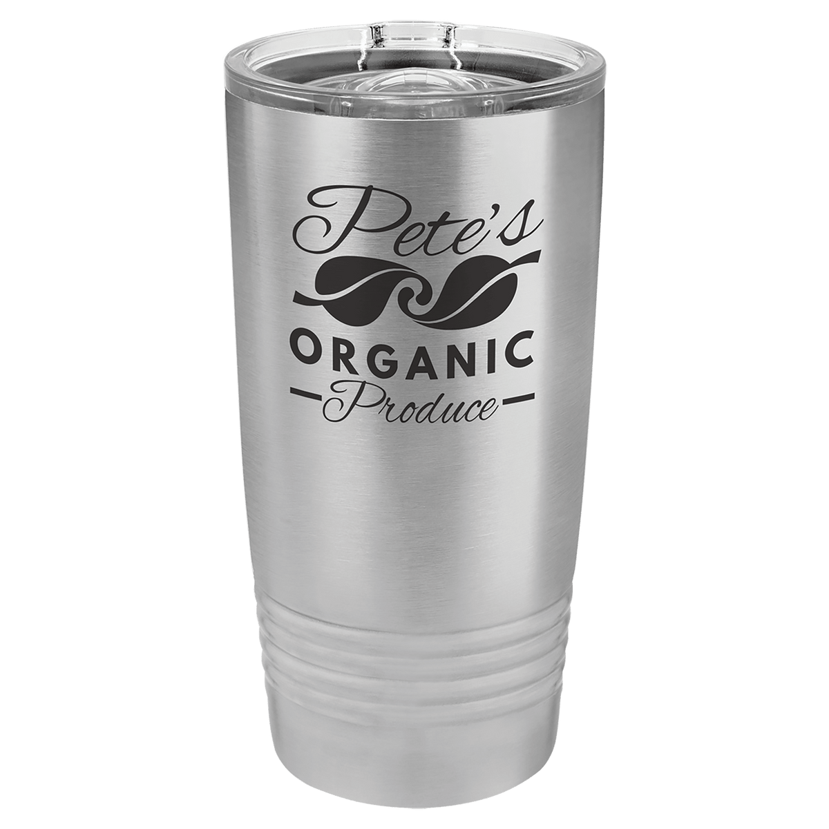 Stainless steel 20 oz tumbler with clear slider lid, printed “Organic Produce” logo