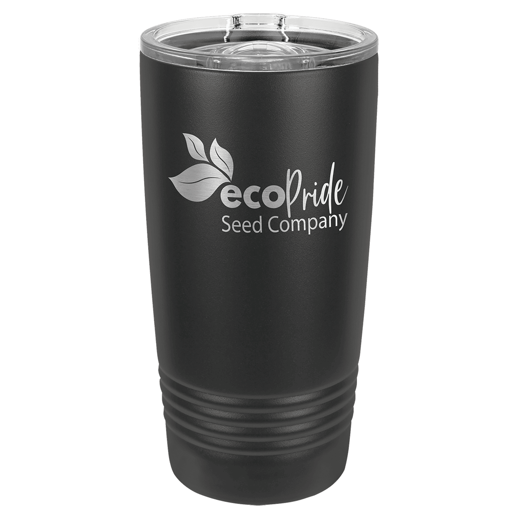 Black 20 oz tumbler with stainless rim and clear slider lid, printed seed company logo