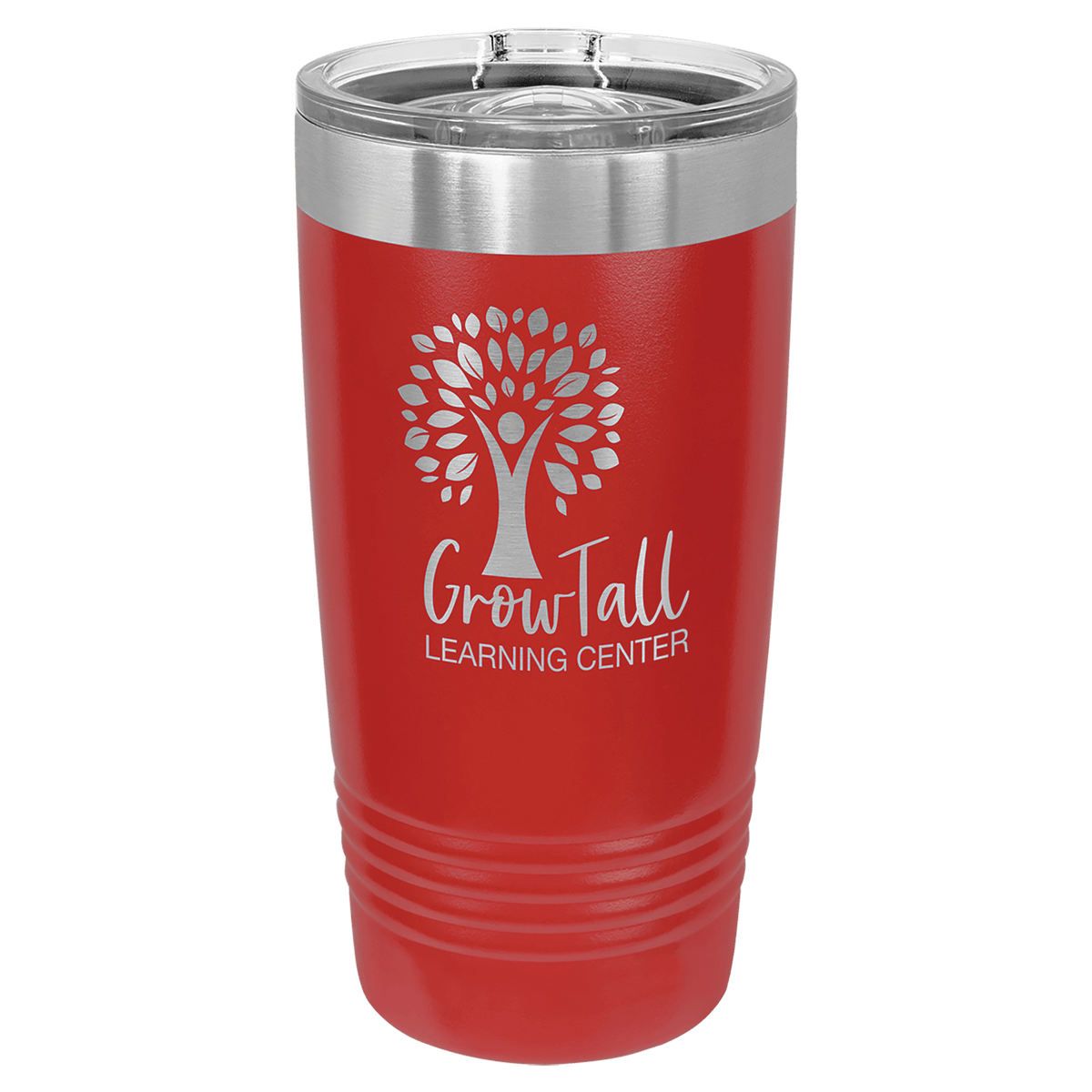 Red 20 oz tumbler with stainless rim and clear slider lid, printed tree learning center