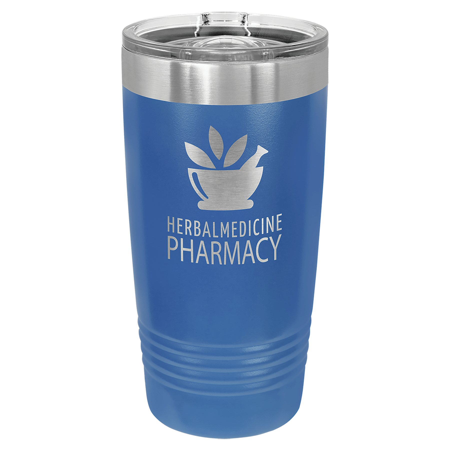 Blue 20 oz tumbler with stainless rim and clear slider lid, printed herbal pharmacy logo