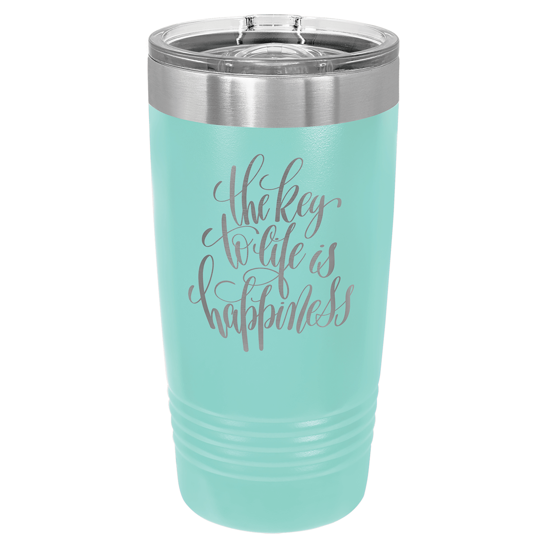Light teal 20 oz tumbler with stainless rim and clear slider lid, printed inspirational quote