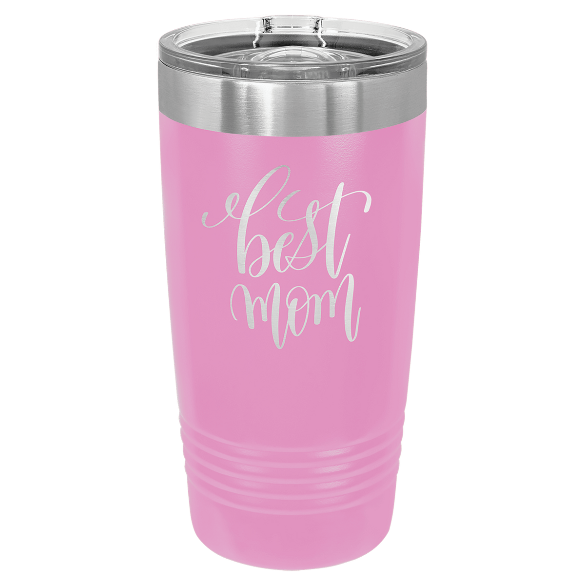 Pink 20 oz tumbler with stainless rim and clear slider lid, printed “Best Mom” design