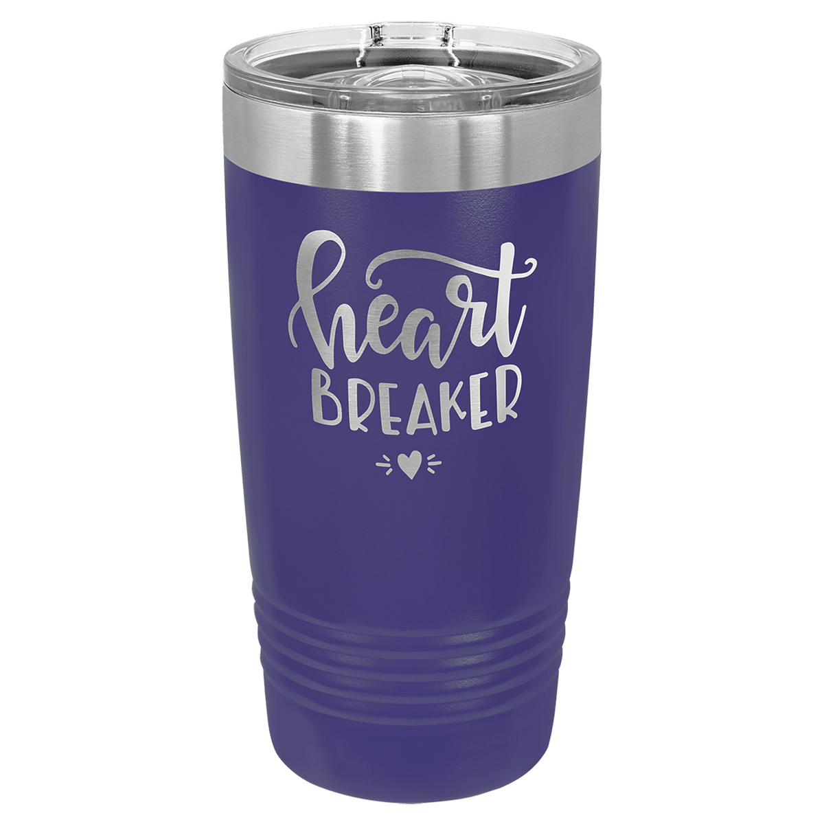 Purple 20 oz tumbler with stainless rim and clear slider lid, printed “Heart Breaker” badge