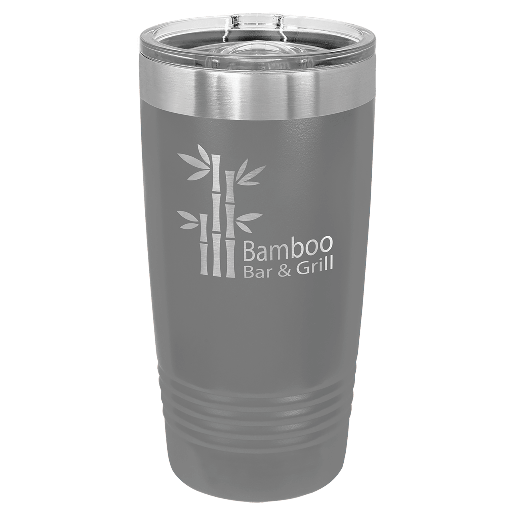 Dark gray 20 oz tumbler with stainless rim and clear slider lid, printed bamboo bar logo