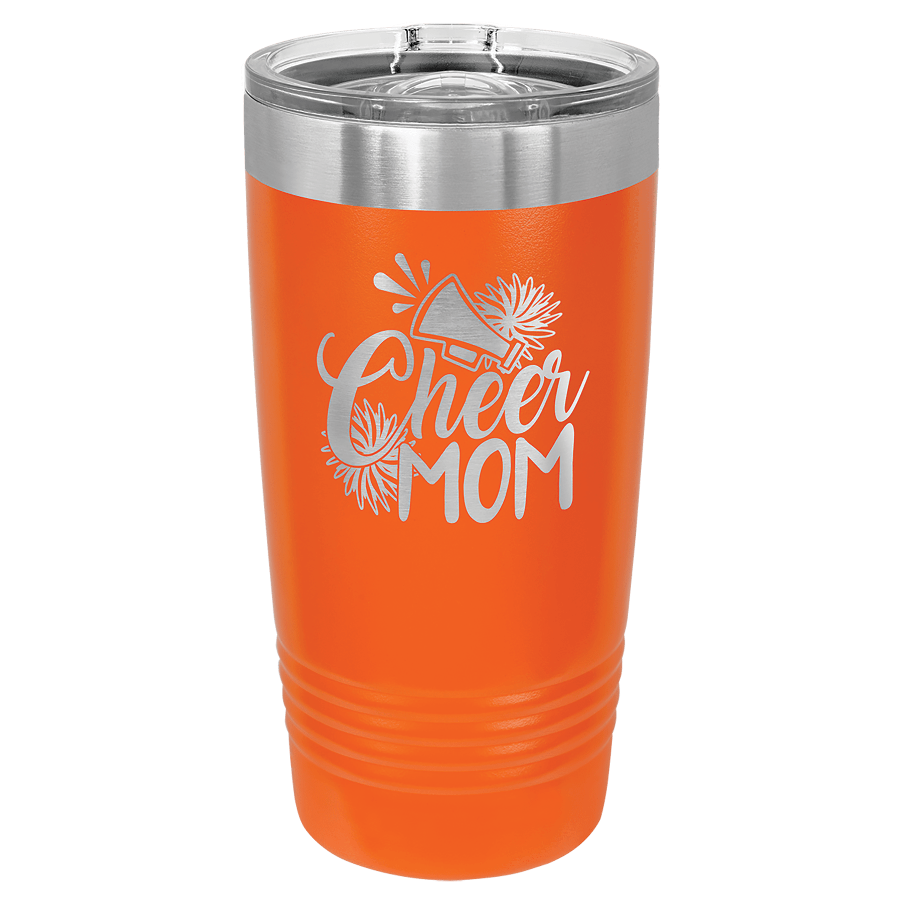 Orange 20 oz tumbler with stainless slider lid and “Cheer Mom” floral graphic
