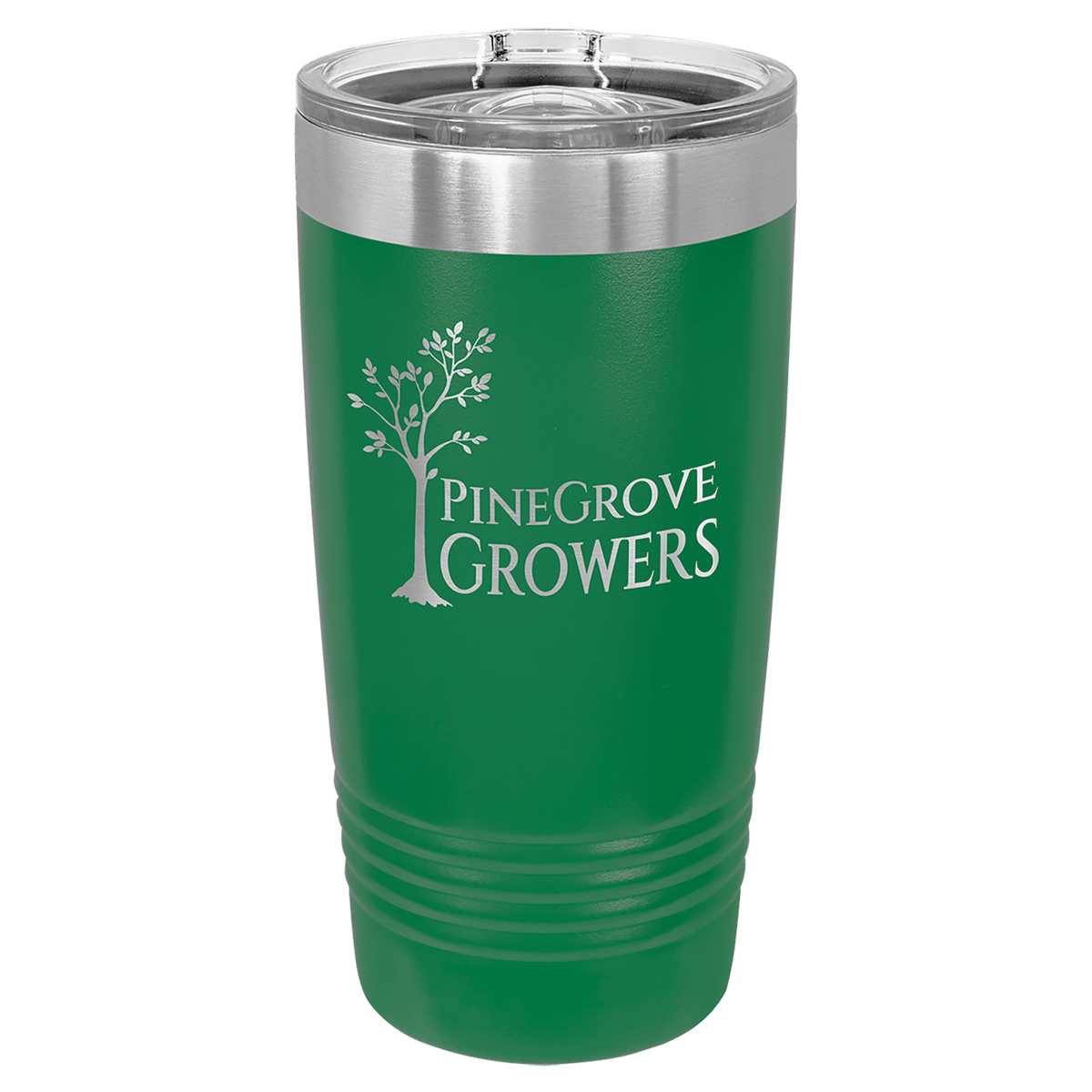 Green 20 oz tumbler with stainless slider lid and “Pine Grove Growers” logo
