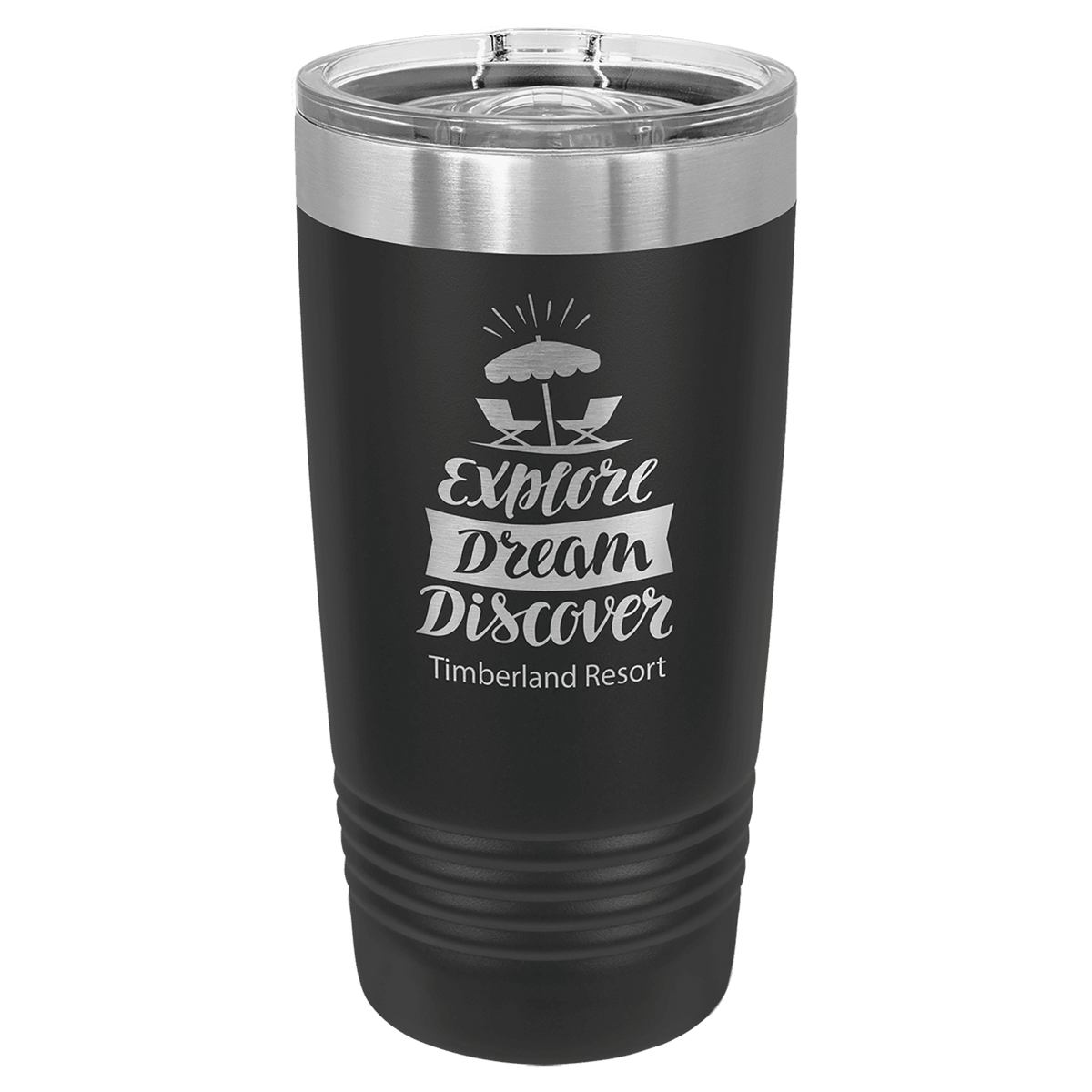 Black 20 oz tumbler with stainless slider lid and “Explore Dream Discover” graphic