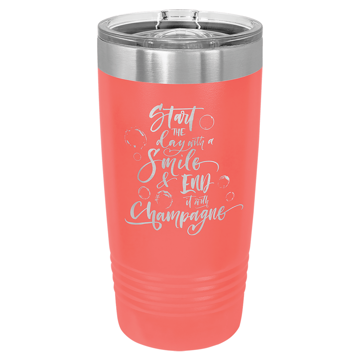 Coral 20 oz tumbler with stainless slider lid and “Start the day…” lettering