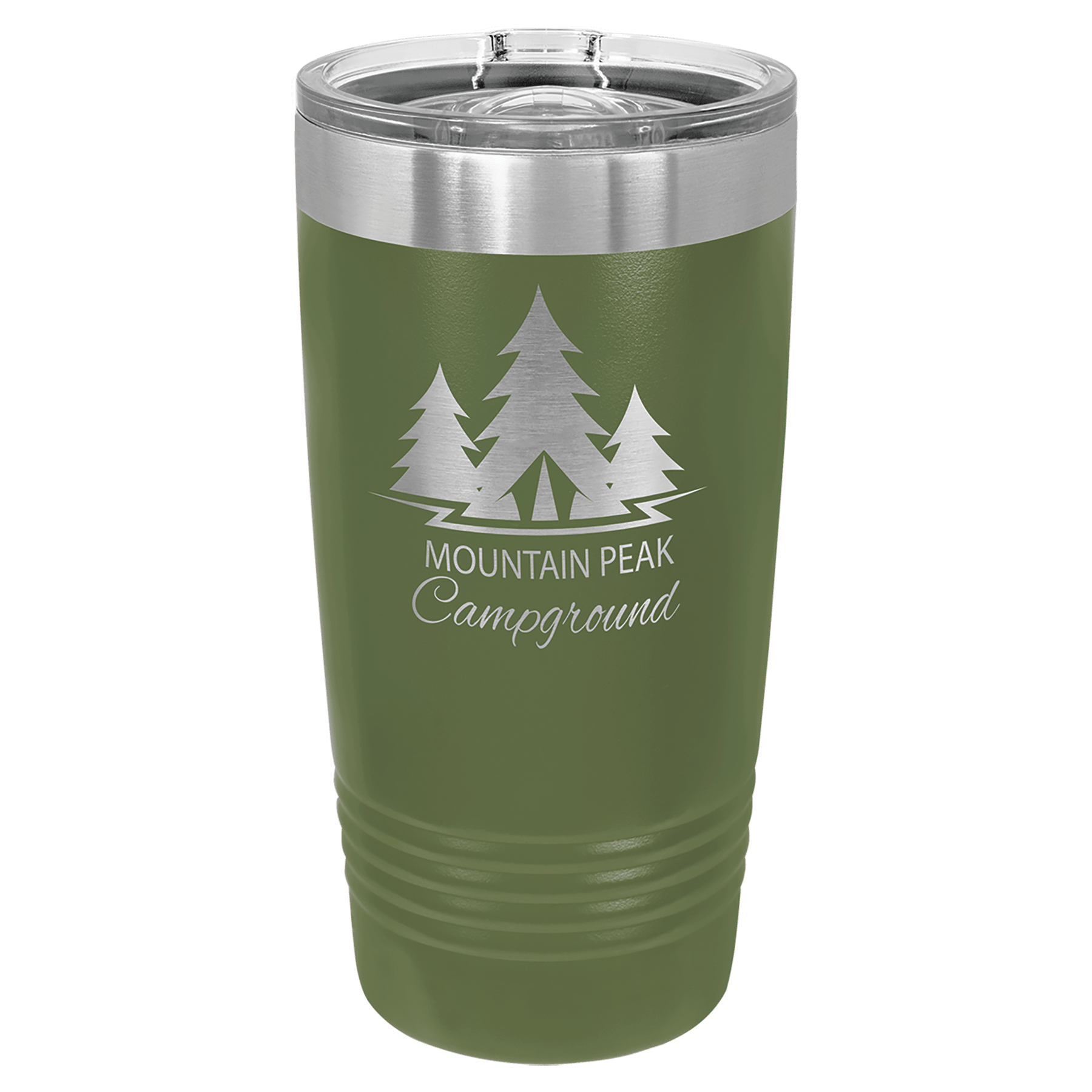 Olive 20 oz tumbler with stainless slider lid and “Mountain Peak Campground” sign