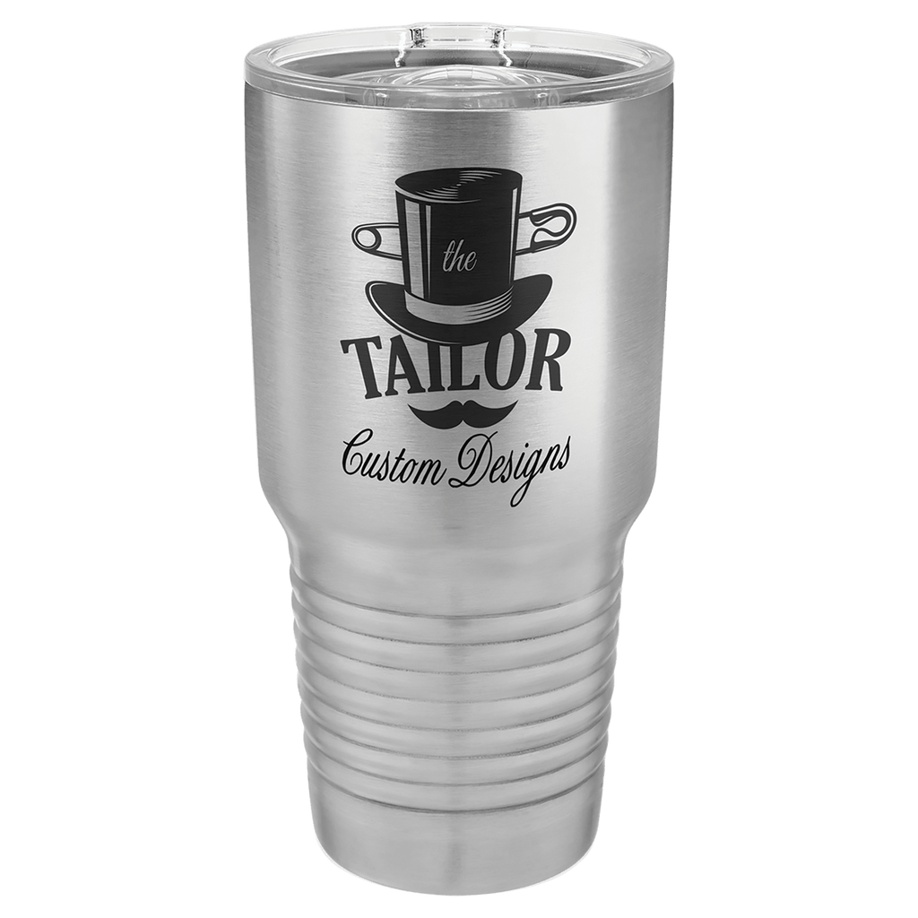 Stainless 30 oz tumbler with clear sliding lid, ribbed grip section, and custom logo print
