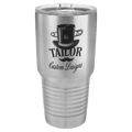 Stainless 30 oz tumbler with clear sliding lid, ribbed grip section, and custom logo print