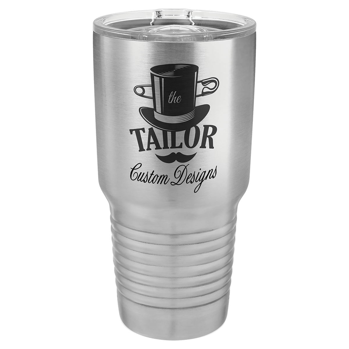 Stainless 30 oz tumbler with clear sliding lid, ribbed grip section, and custom logo print