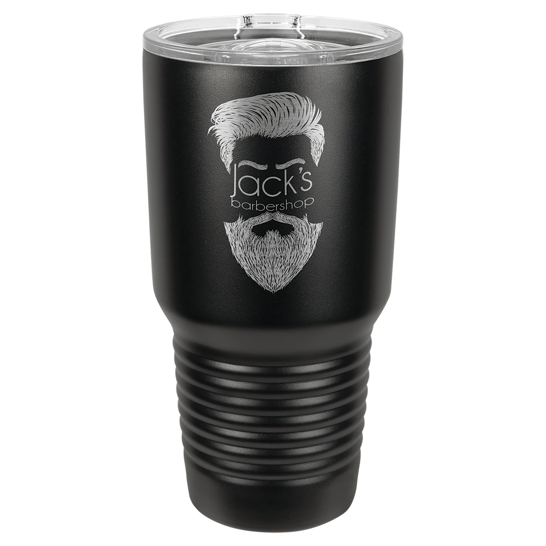Black 30 oz tumbler with clear sliding lid, stainless rim, and ribbed grip section