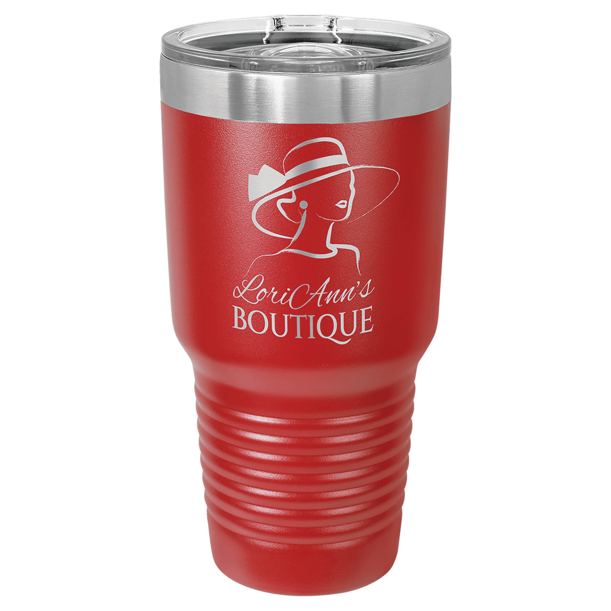 Red 30 oz tumbler with clear sliding lid, stainless rim, and ribbed grip section