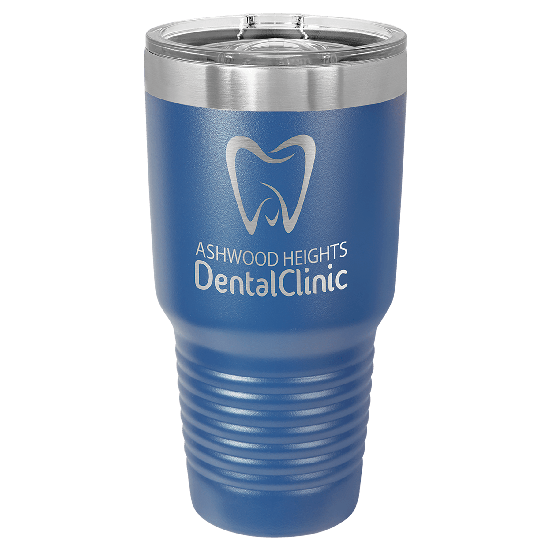 Blue 30 oz tumbler with clear sliding lid, stainless rim, and ribbed grip section