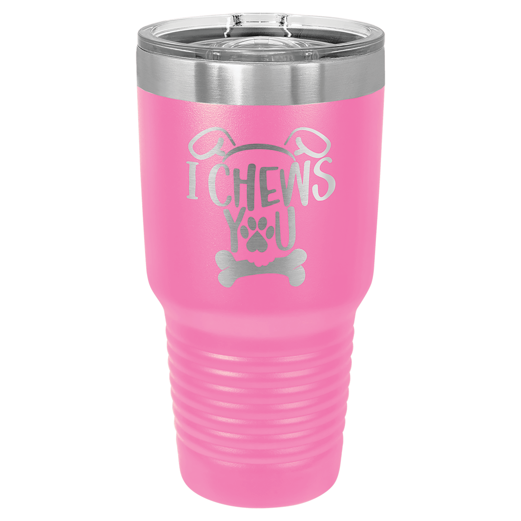 Pink 30 oz tumbler with clear sliding lid, stainless rim, and ribbed grip section