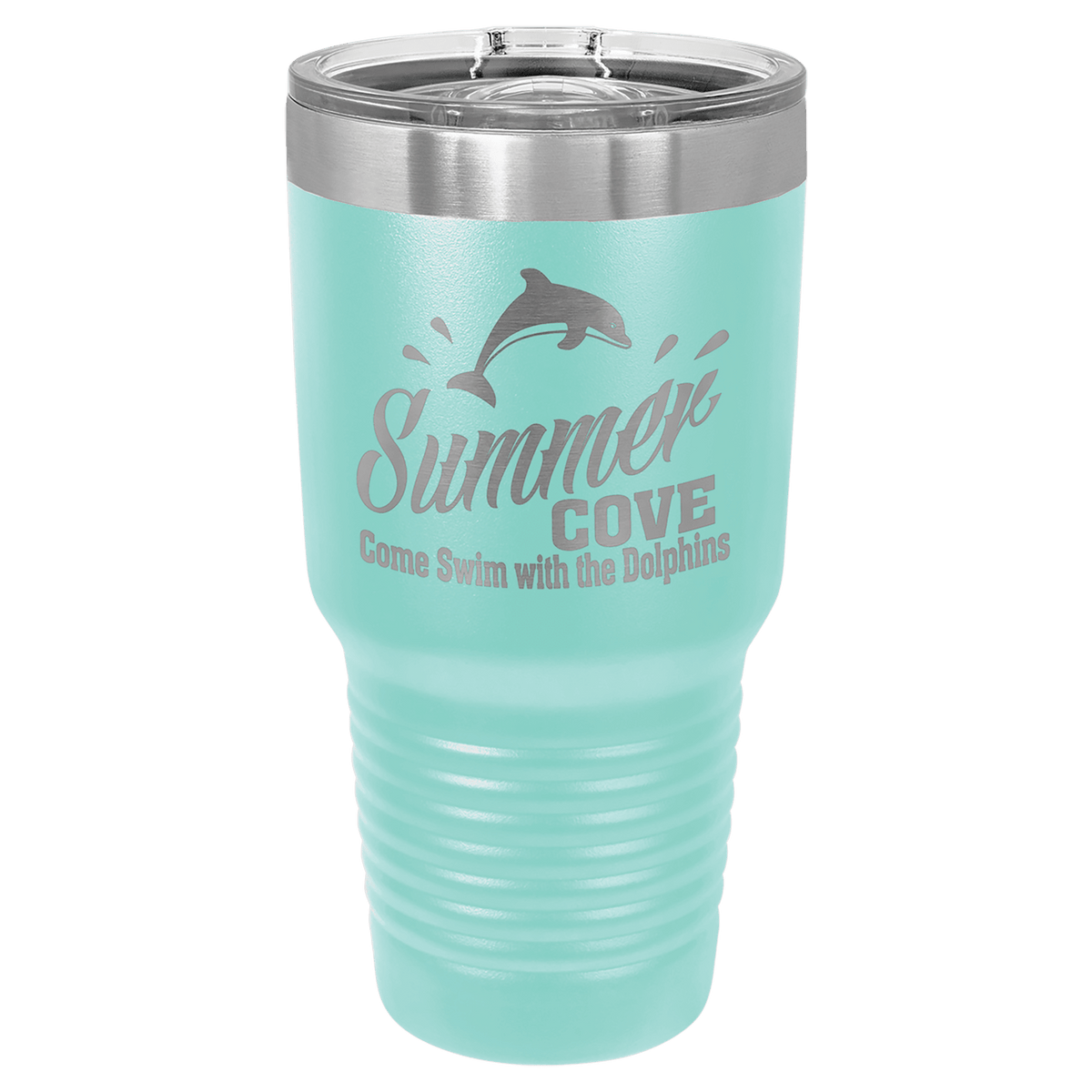 Light teal 30 oz tumbler with clear sliding lid, stainless rim, and ribbed grip section